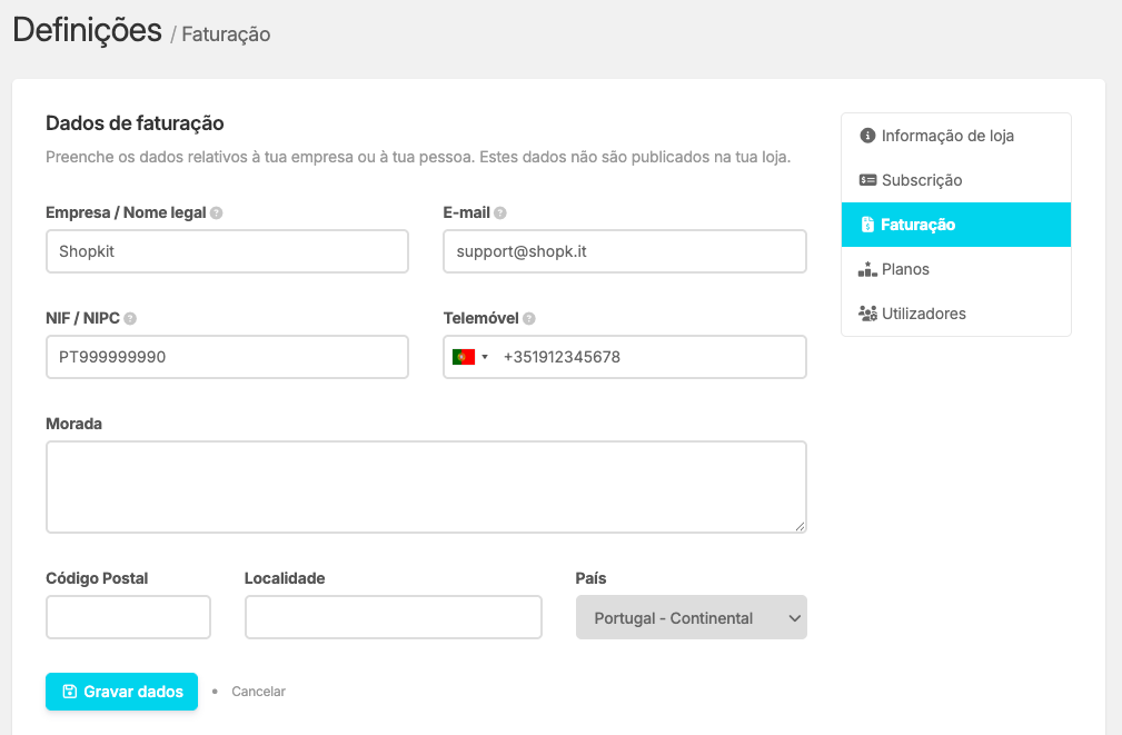 Dados de faturação