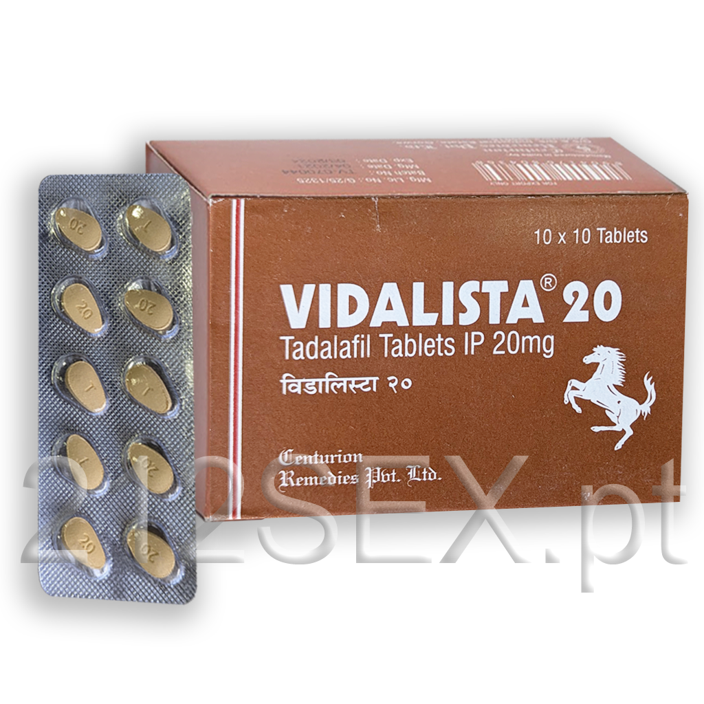 Caixa castanha de comprimidos Vidalista 20 e blister com comprimidos ovais amarelos