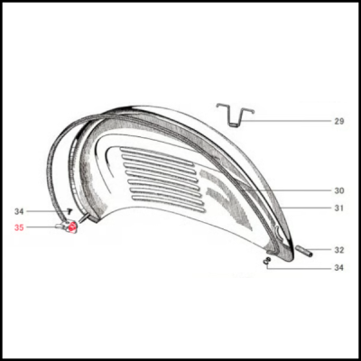 Desenho técnico a preto e branco de uma peça curvada numerada com ranhuras