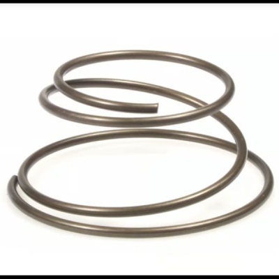 Mola metálica espiral cónica de cor escura em fundo branco