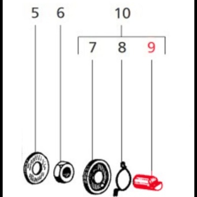 Desenho técnico com peças numeradas em preto e um objeto vermelho