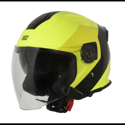 Capacete de motociclista aberto amarelo fluorescente com detalhes pretos e viseira transparente