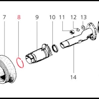Diagrama técnico de peças mecânicas numeradas de 7 a 15 com um anel vermelho número 8