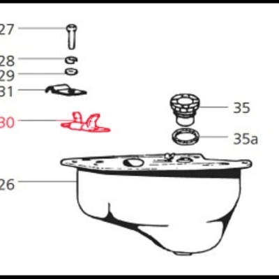 Desenho técnico de peças mecânicas numeradas com uma peça a vermelho.
