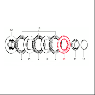 Conjunto técnico de peças mecânicas numeradas, peça 16 destacada a vermelho