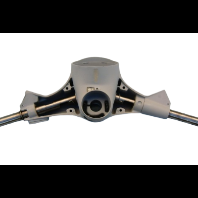 Eixo metálico com corpo central cinza e preto e partes cromadas