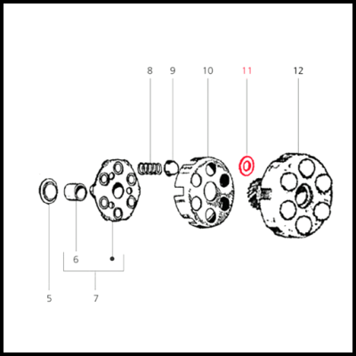 Desenho técnico de peças mecânicas numeradas com destaque no número 11