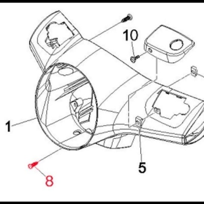 Desenho técnico a preto e branco de peça plástica com componentes numeradas e rótulos