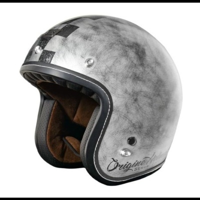 Capacete aberto cinza envelhecido com forro castanho e detalhes em preto