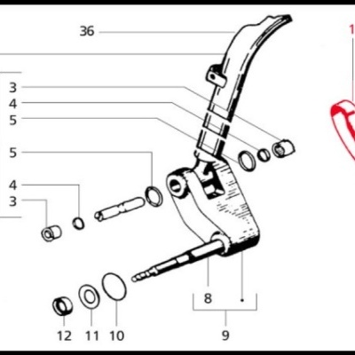 Desenho técnico de peça mecânica com partes numeradas e detalhe em vermelho.