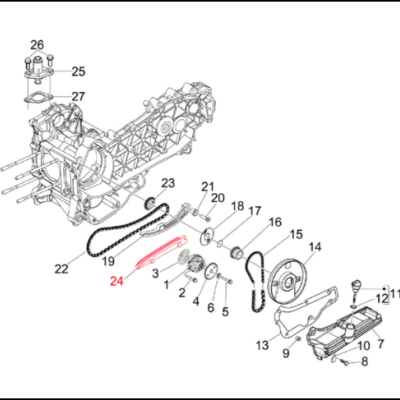 Desenho técnico de peças mecânicas numeradas com destaque em vermelho no número 24
