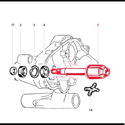 Diagrama técnico de peças mecânicas com eixo vermelho e componentes rotulados.