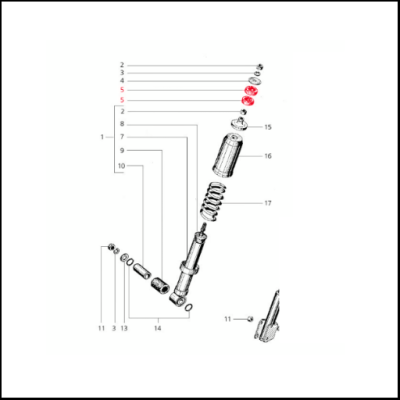 Diagrama técnico de um amortecedor com peças numeradas, em preto e branco.