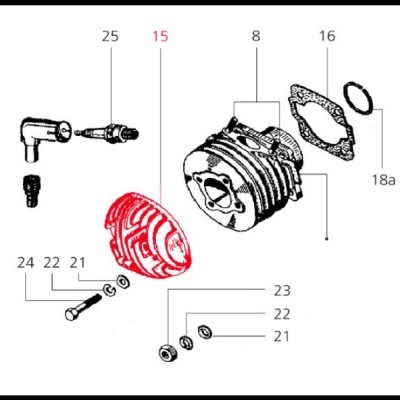 Diagrama técnico de peças mecânicas numeradas com peça vermelha circular e componente cilíndrico
