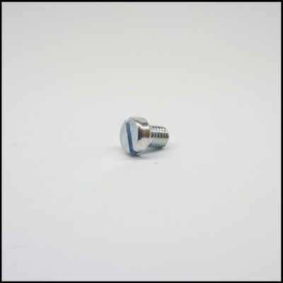 Parafuso de metal prateado com ranhura, sobre fundo branco