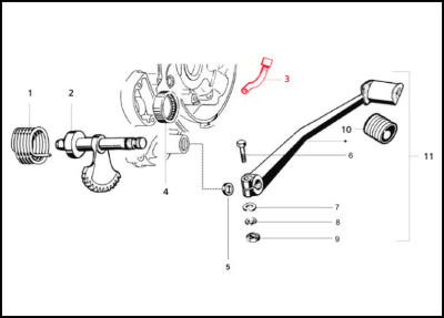 Esquema técnico de peças mecânicas exibindo mola, eixo, alavanca e parafusos