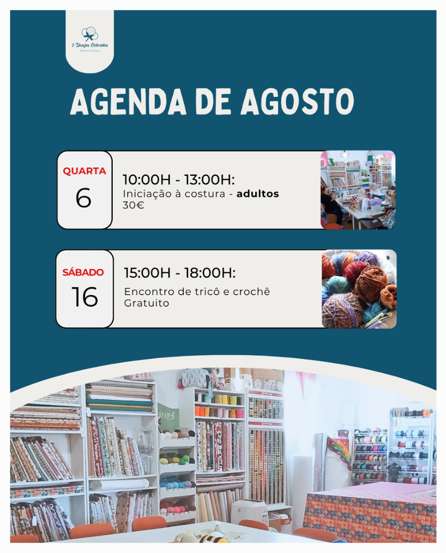 Agenda de agosto para eventos de costura e tricô em fundo azul com fotos de materiais e oficina