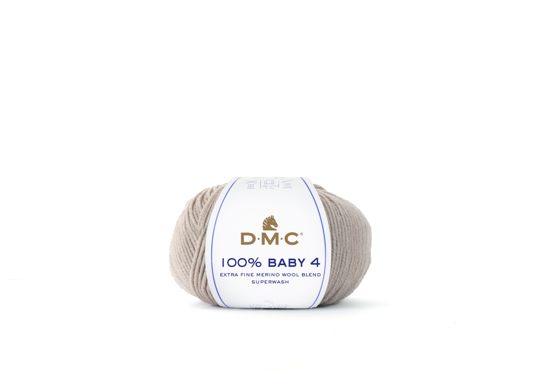 Novelo de lã cinzento claro DMC 100% Baby 4 com etiqueta branca.