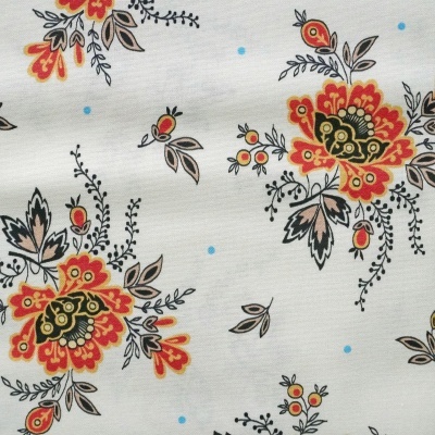 Tecido Addison Cru Flores Pretas e Laranja 110cm