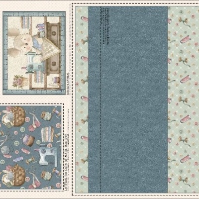 tecido estampado infantil com ursinhos em azul, bege e castanho, fundos azul claro e floral, molduras e bordas variadas