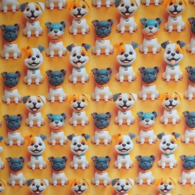 Tecido laranja com padrão de cães coloridos em estilo cartoon