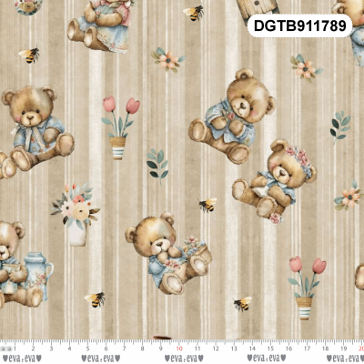 Tecido bege com padrão de ursinhos, abelhas e flores