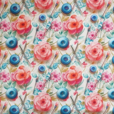 Tecido Costura Flores, Alfinete e Botão 150cm