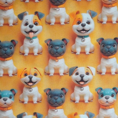 Padrão repetido de cães cartoon coloridos com coleiras em fundo amarelo