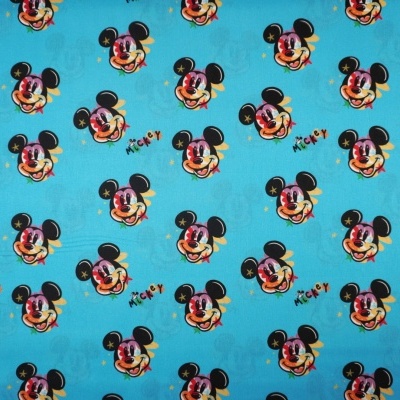 Tecido Disney Azul Mickey Caras Coloridas 140Cm