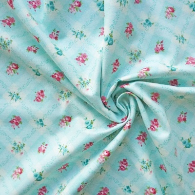 Tecido Flor Xadrez azuis e rosas 110cm