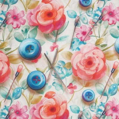 Tecido Costura Flores, Alfinete e Botão 150cm