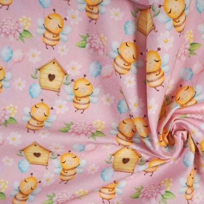 Tecido Coleção Abelhas Rosa com Casinhas 150cm