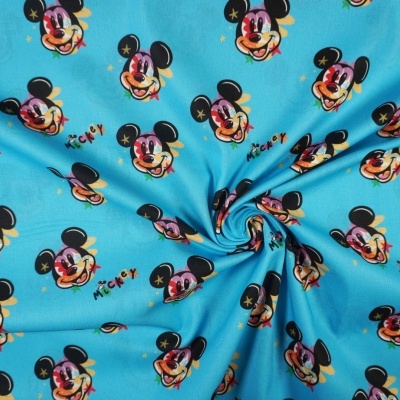 Tecido Disney Azul Mickey Caras Coloridas 140Cm