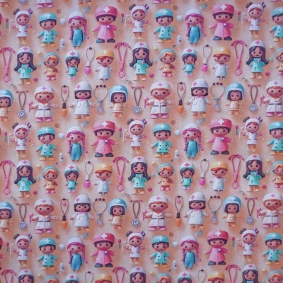 Tecido com padrão de bonecas médicas coloridas sobre fundo pêssego
