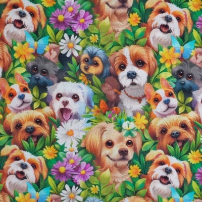 Tecido Cães com Flores Verdes 150cm
