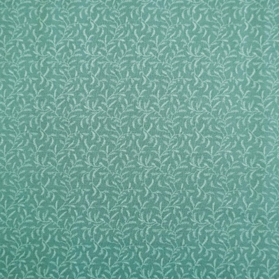 Tecido verde-água com padrão branco de folhas pequenas em ramos