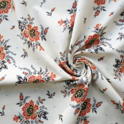 Tecido Addison Cru Flores Pretas e Laranja 110cm