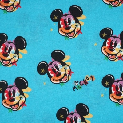 Tecido Disney Azul Mickey Caras Coloridas 140Cm
