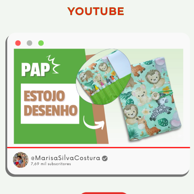 Estojo de desenho em tecido com padrão de animais e fecho de botão de madeira