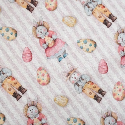 Tecido com padrão de coelhos e ovos da Páscoa em riscas cor-de-rosa e branco
