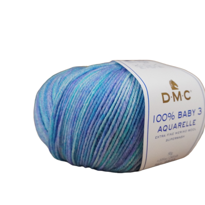 Novelo de lã azul e lilás D.M.C 100% Baby 3 Aquarelle com etiqueta branca