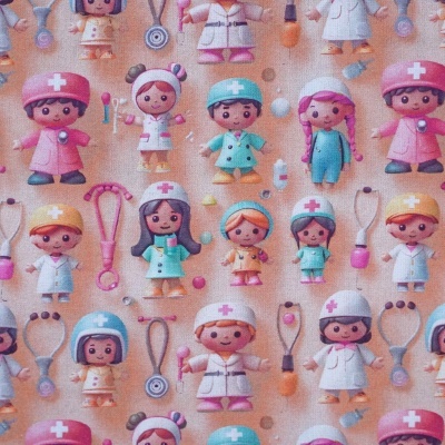 Tecido com padrão de bonecos médicos e acessórios em cores pastel