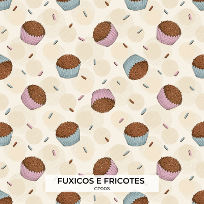 Padrão ilustrado de brigadeiros coloridos em copinhos azul e rosa com granulados sobre fundo bege