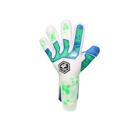 Luva de guarda-redes branca com detalhes verdes e azuis e logótipo 4 STEP