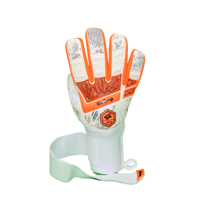 Luva de guarda-redes branca com detalhes laranja e texto GoGrip