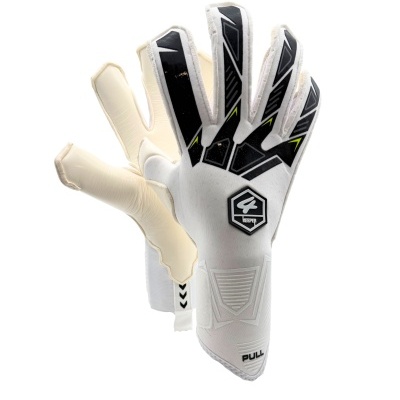 Luvas de guarda-redes brancas com detalhes em preto e amarelo e logótipo 4 KEEPER