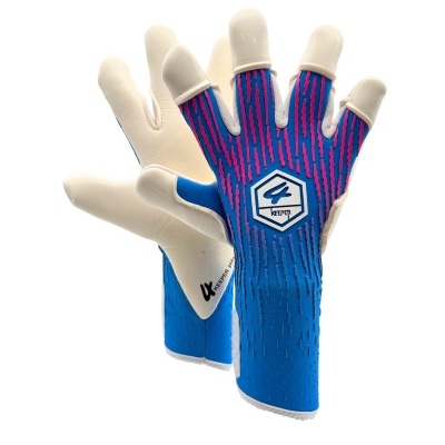 luvas de guarda-redes azul, rosa e branco com texto KEEPERS PLAN