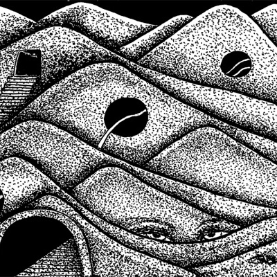 Ilustração em preto e branco com formas onduladas e buracos circulares