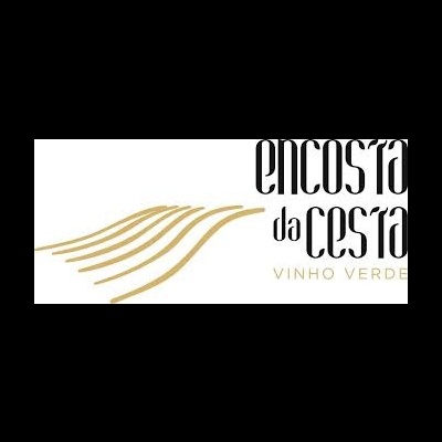 Logótipo com texto 'encosta da costa' e gráfico ondulado dourado