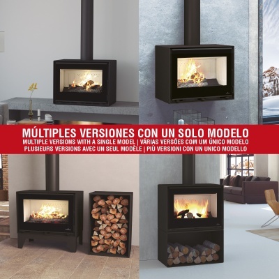 Quatro lareiras a lenha modernas em ambientes interiores com texto promocional trilingue